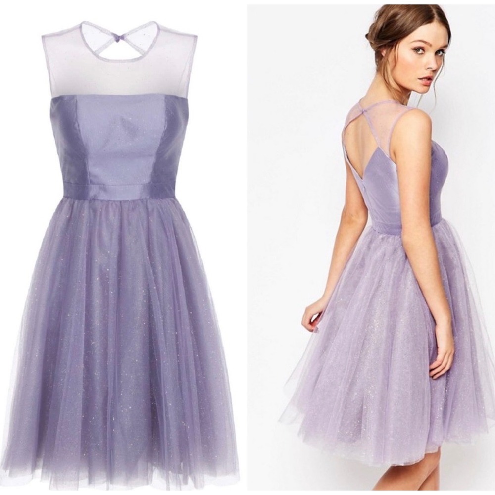 Chi Chi London Petite Purple‎ Glitter Tulle Fit Flare Dress US 4 EU 36